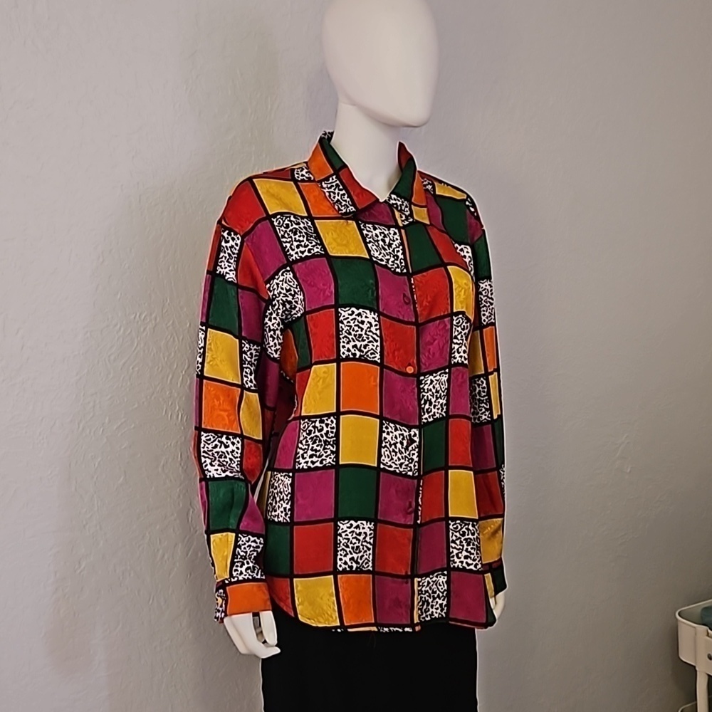 LAURA & JAYNE Colorful Satin Checkerboard Leopard Print Button Down Shirt - Picture 2 of 6
